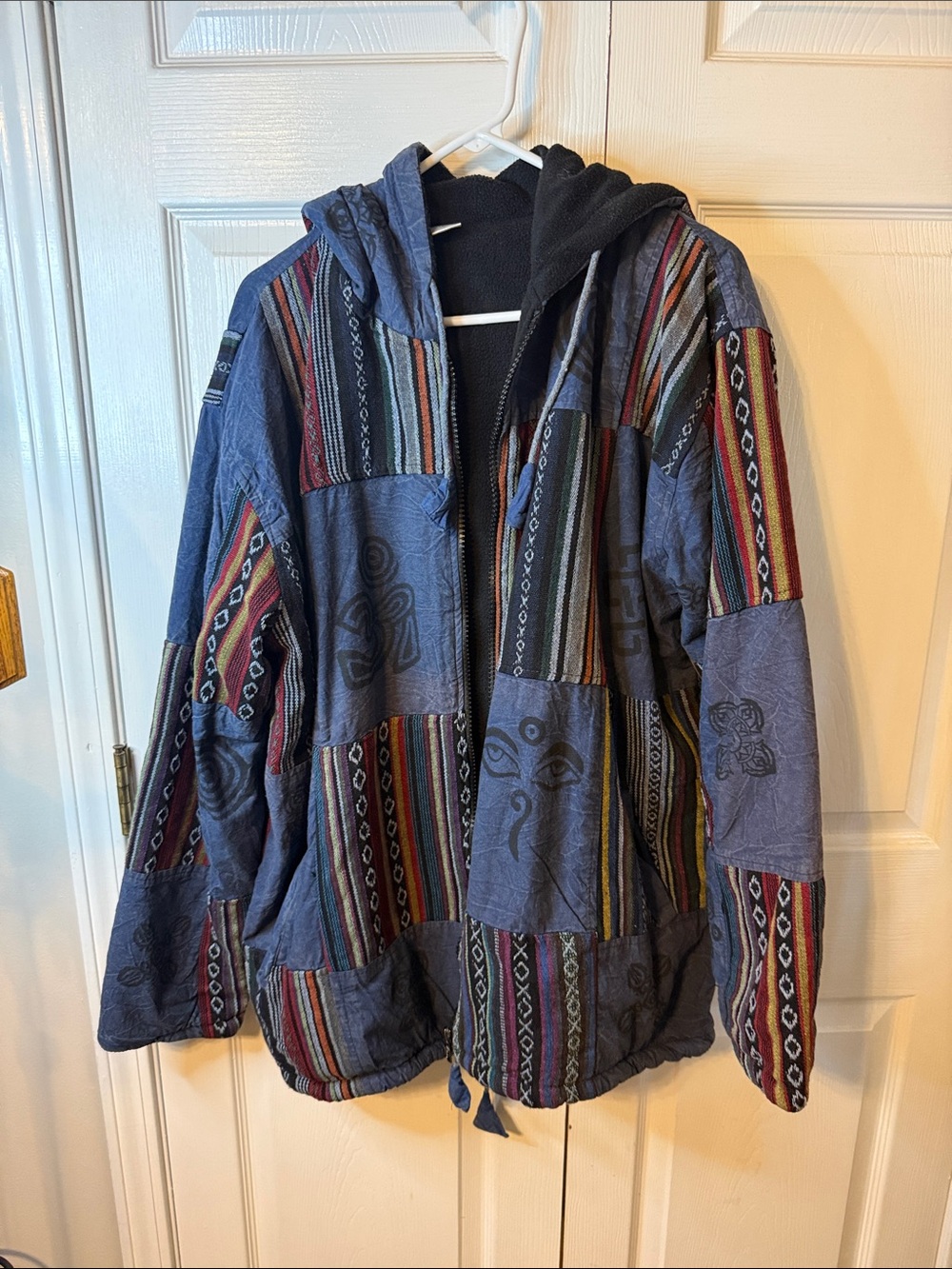 Patchwork Hooded Zip Jacket in Blue with Multicolor Stripes